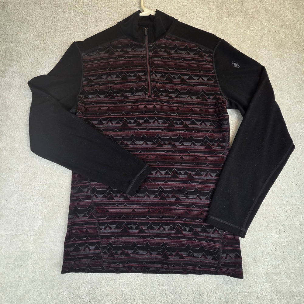 Smartwool Merino 250 Mens Quarter Zip Base Layer Top Black Red Abstract Size M